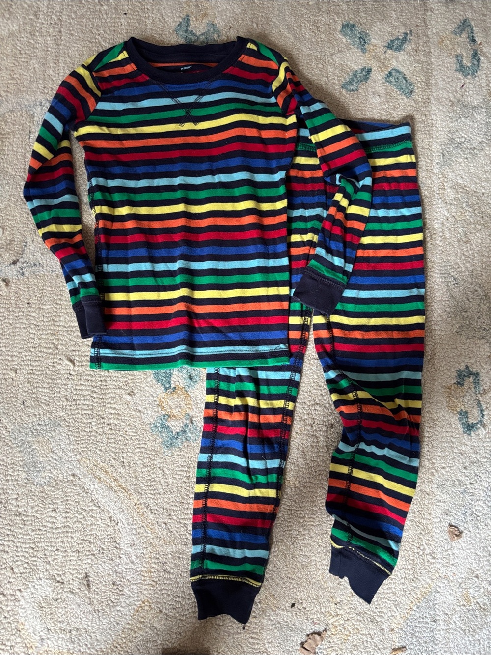 Primary Rainbow Stripe Long-Sleeve Pajama Set - Navy Trim